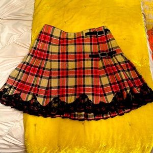 Vintage moda international pleated wool plaid lace buckle kilt skirt